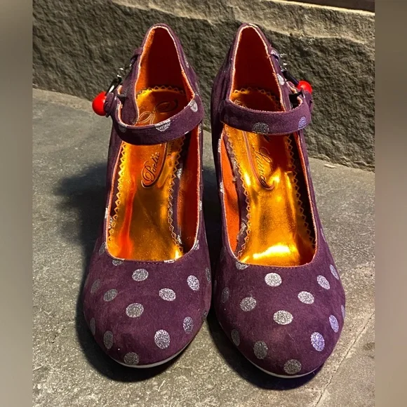 Adorable VTG Poetic License Mary Janes,purple suede w/silver dots,Cherry charm 8 - Picture 2 of 11